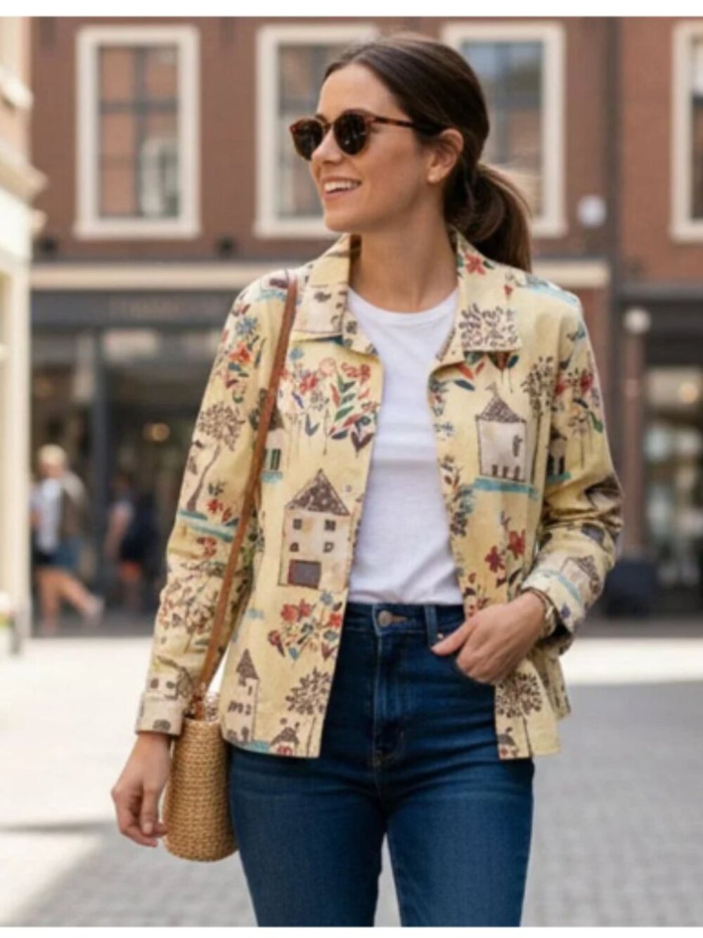Chico's Design Vintage Novelty Print Jacket Size 2 Cotton Cottage Floral